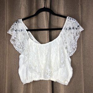 Hollister Lace Light Cream Color Crop Top Med Boho Beachy Bohemian Festival